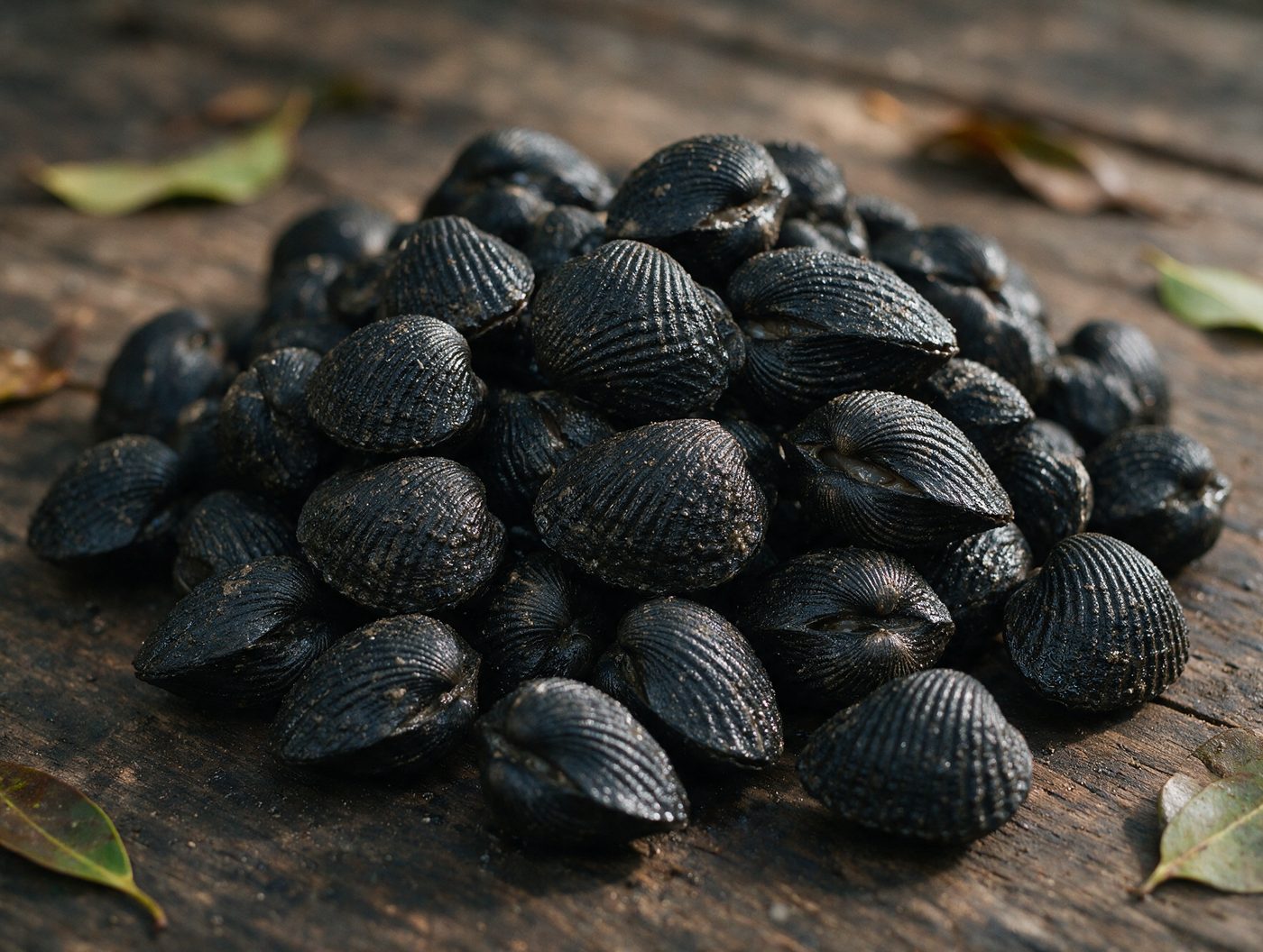 A pile of dark, ridged black clams (concha negra) on a wood surface