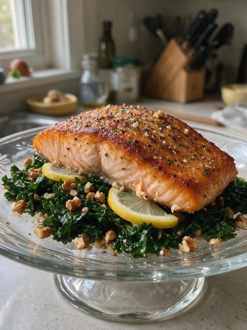 Baked salmon with lemon slices, walnuts, and kale