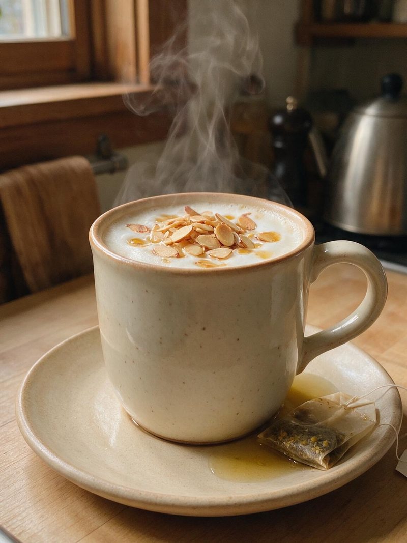 A steaming mug of chamomile-honey milk with toasted almonds and a chamomile tea bag