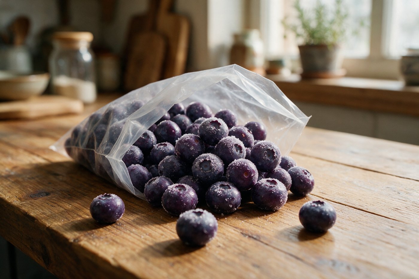 Frozen blueberries spilling out of an open plastic bag onto a wooden kitchen counter