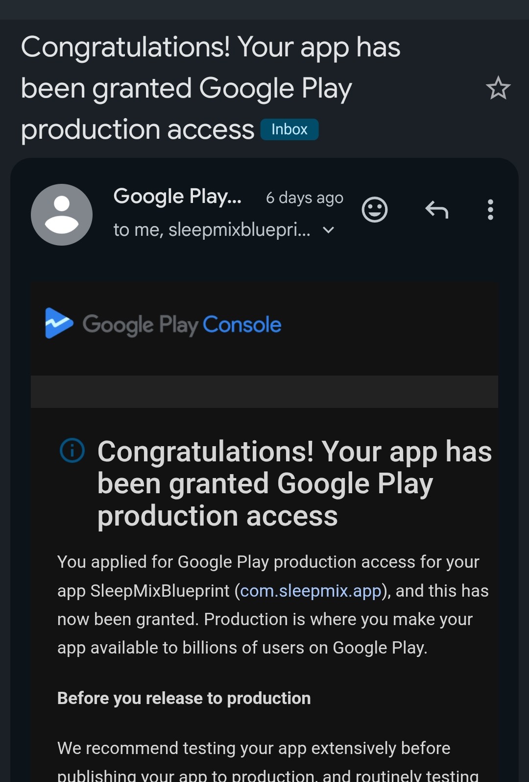 Email from Google Play Console: Congratulations! Your app has been granted Google Play production access.