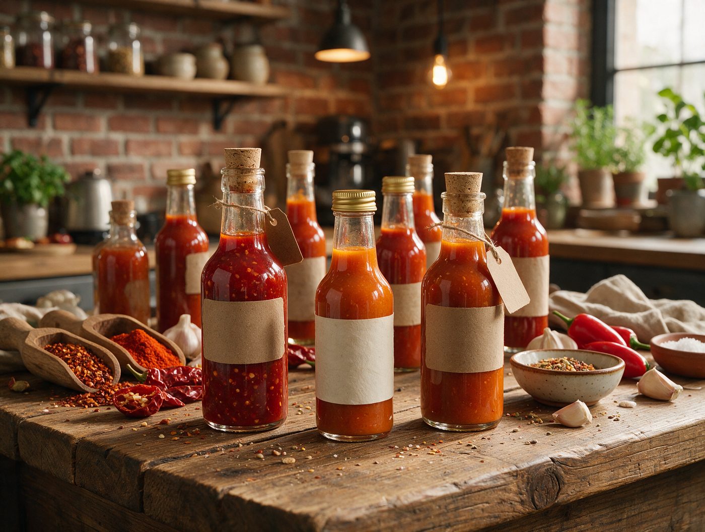 Small handmade glass bottles of hot sauce with plain craft-paper labels on a rustic kitchen counter