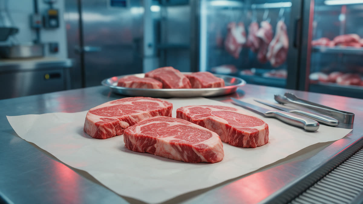 Raw beef, pork, and goat cuts in vacuum-sealed packaging